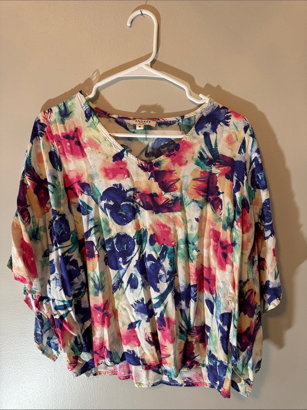 Andrew Marc Floral Watercolor Scoop Neck Tunic - Pink, Blue, Green
